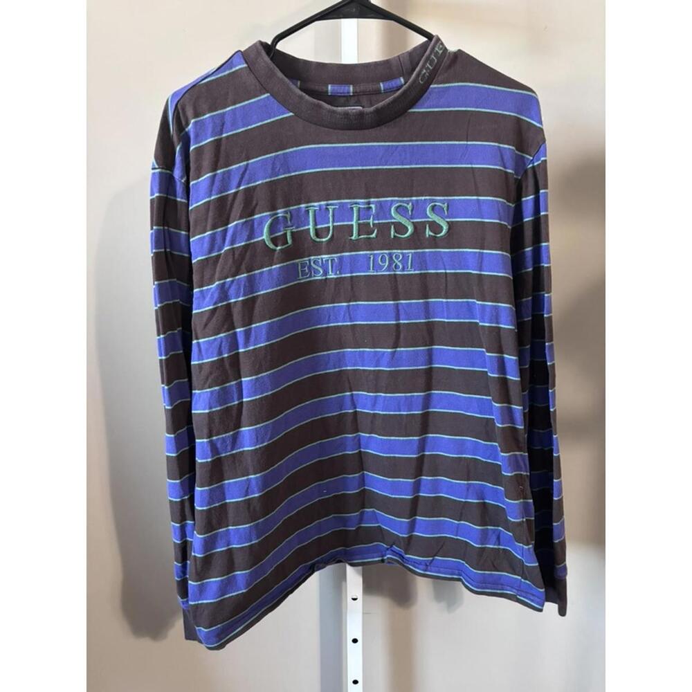 Guess Los Angeles Striped Long Sleeve Logo Tee | Brown & Blue | M